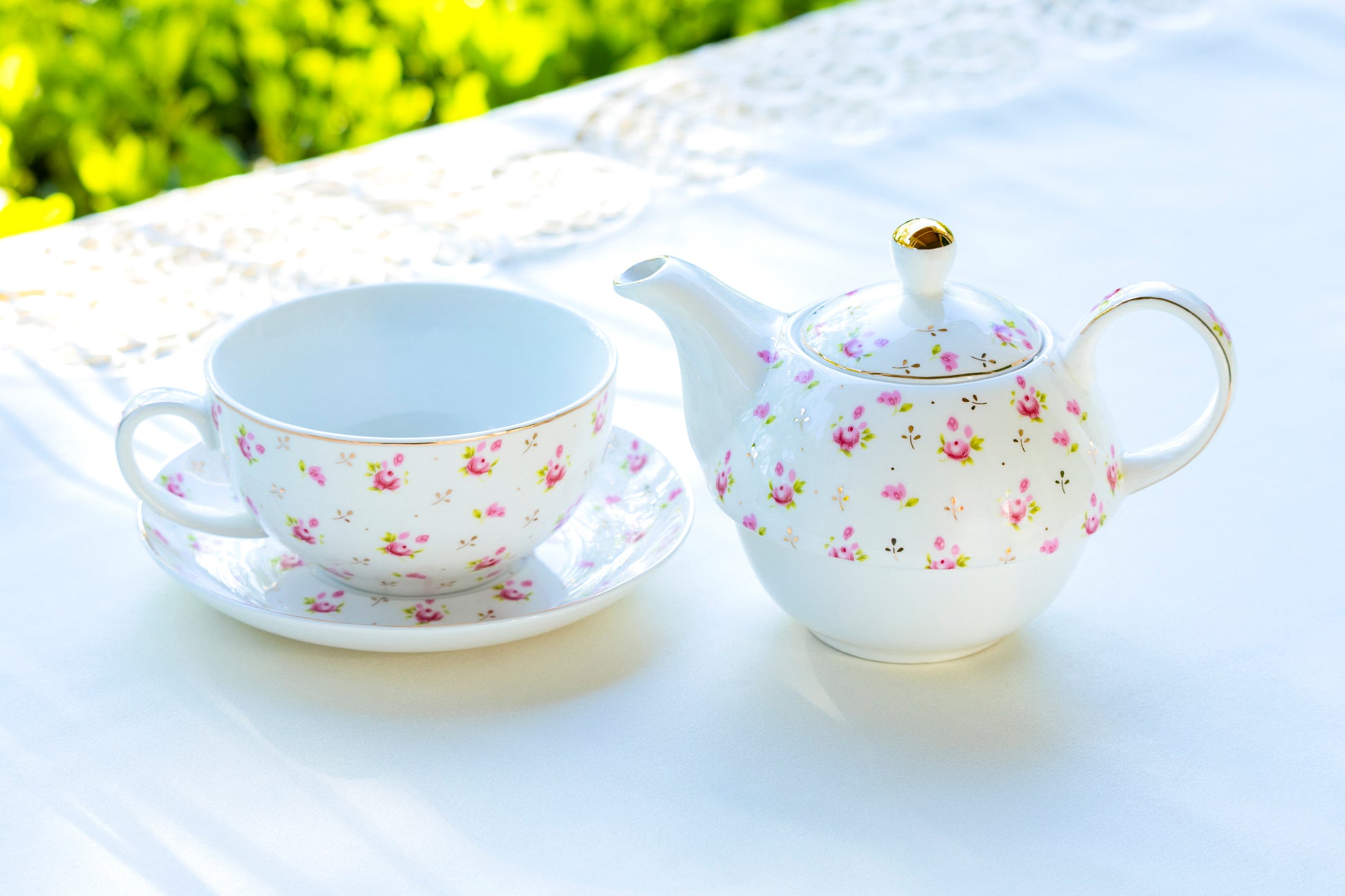 Grace Teaware Rose Bud Fine Porcelain Teapot Cup and Saucer Set