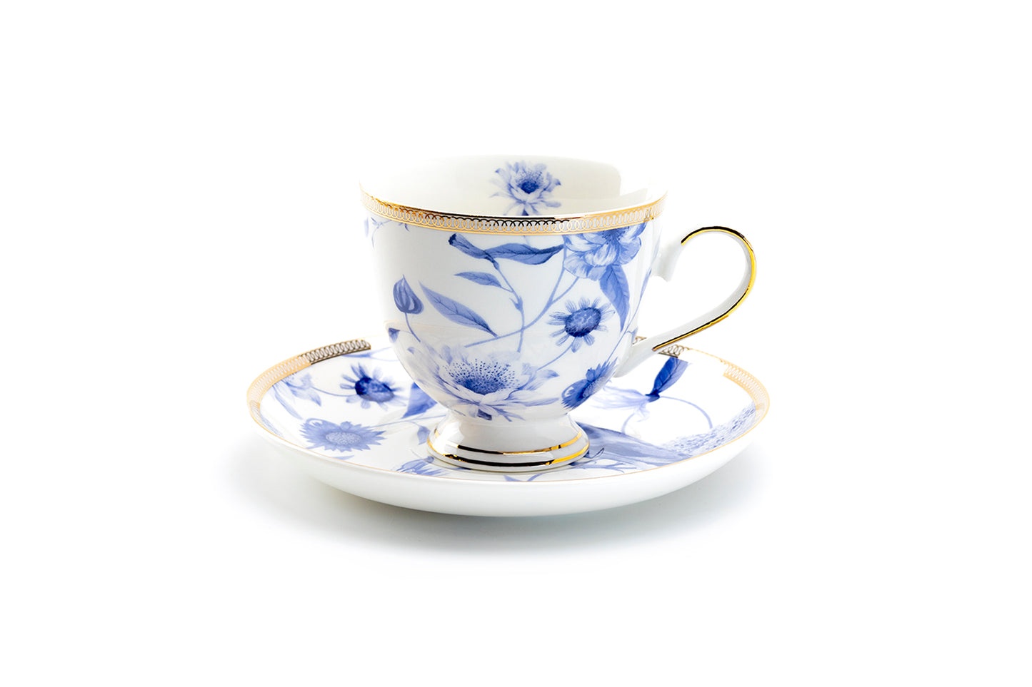 Grace Teaware Blue Flowers with Hummingbird Porcelain Tea Cup and Saucer Set