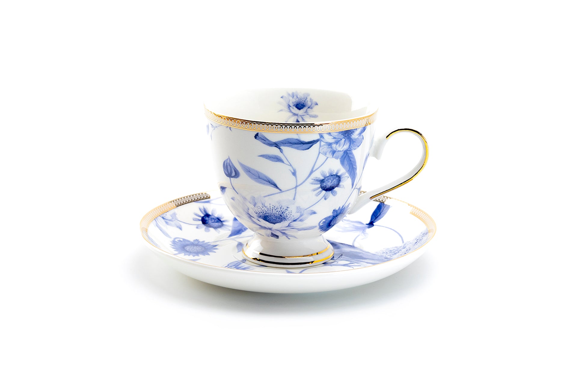 Grace Teaware Blue Flowers with Hummingbird Porcelain Tea Cup and Saucer Set