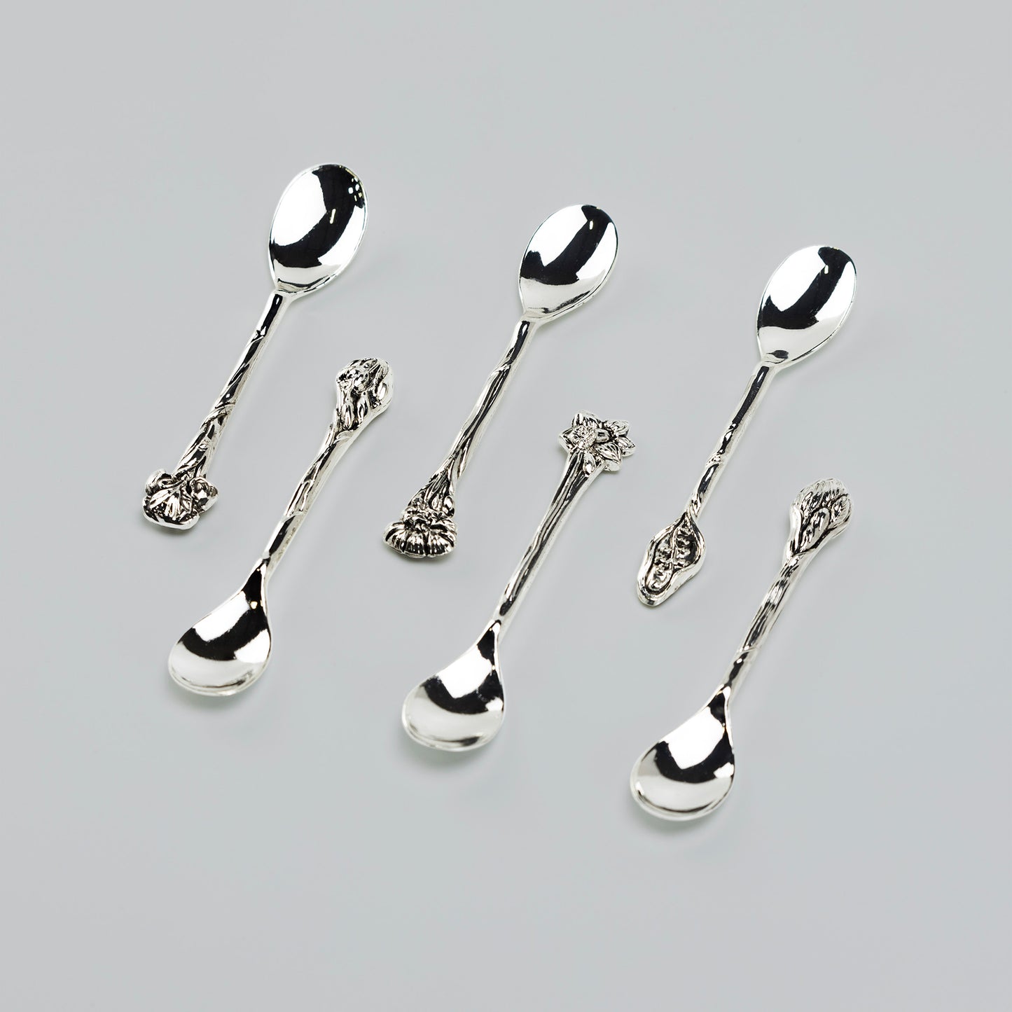 Silver Plated Demi Spoon Set of 6 with Assorted Floral Handle Design