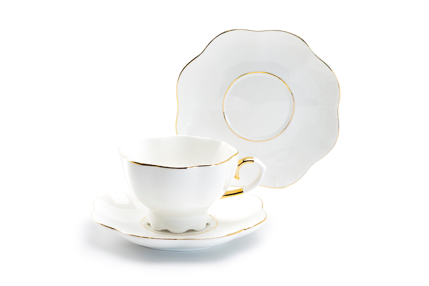 Grace Teaware White Gold Scallop Fine Porcelain Tea Cup and Saucer Set