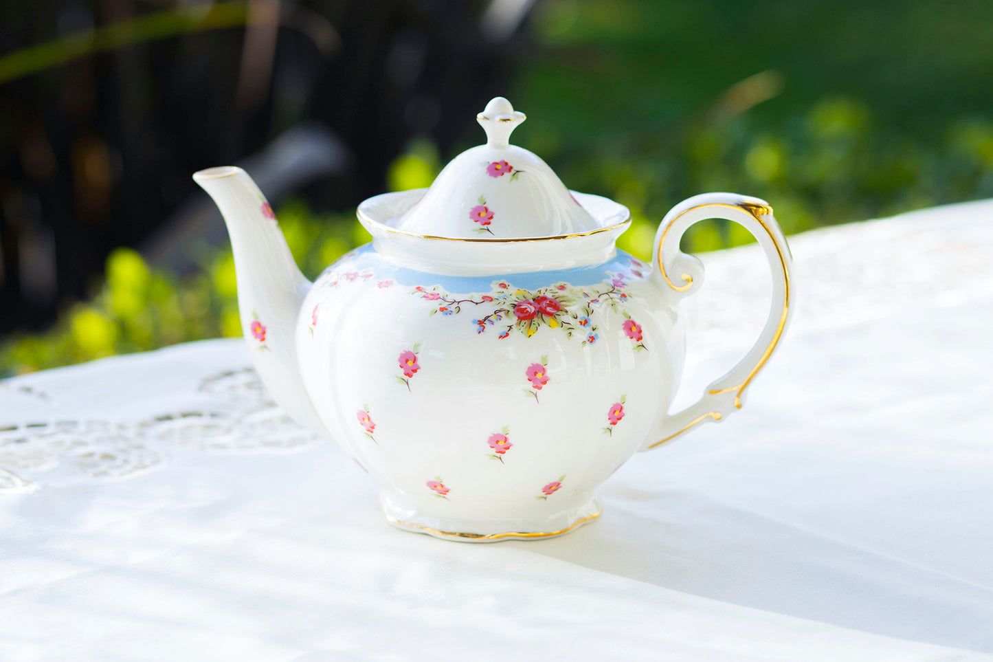 Rose with Blue Accent Fine Porcelain Teapot