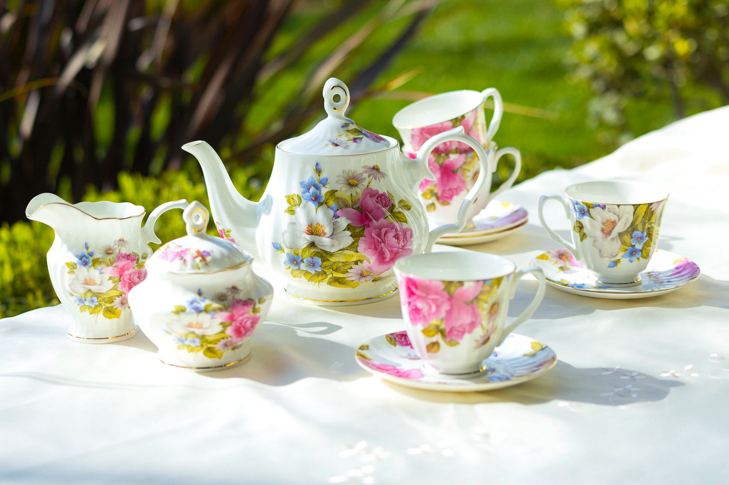Pink Rose Bone China 11-Piece Tea Set