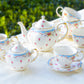 rose rosebud floral tea set blue gold Accent teapot sugar creamer cup saucer
