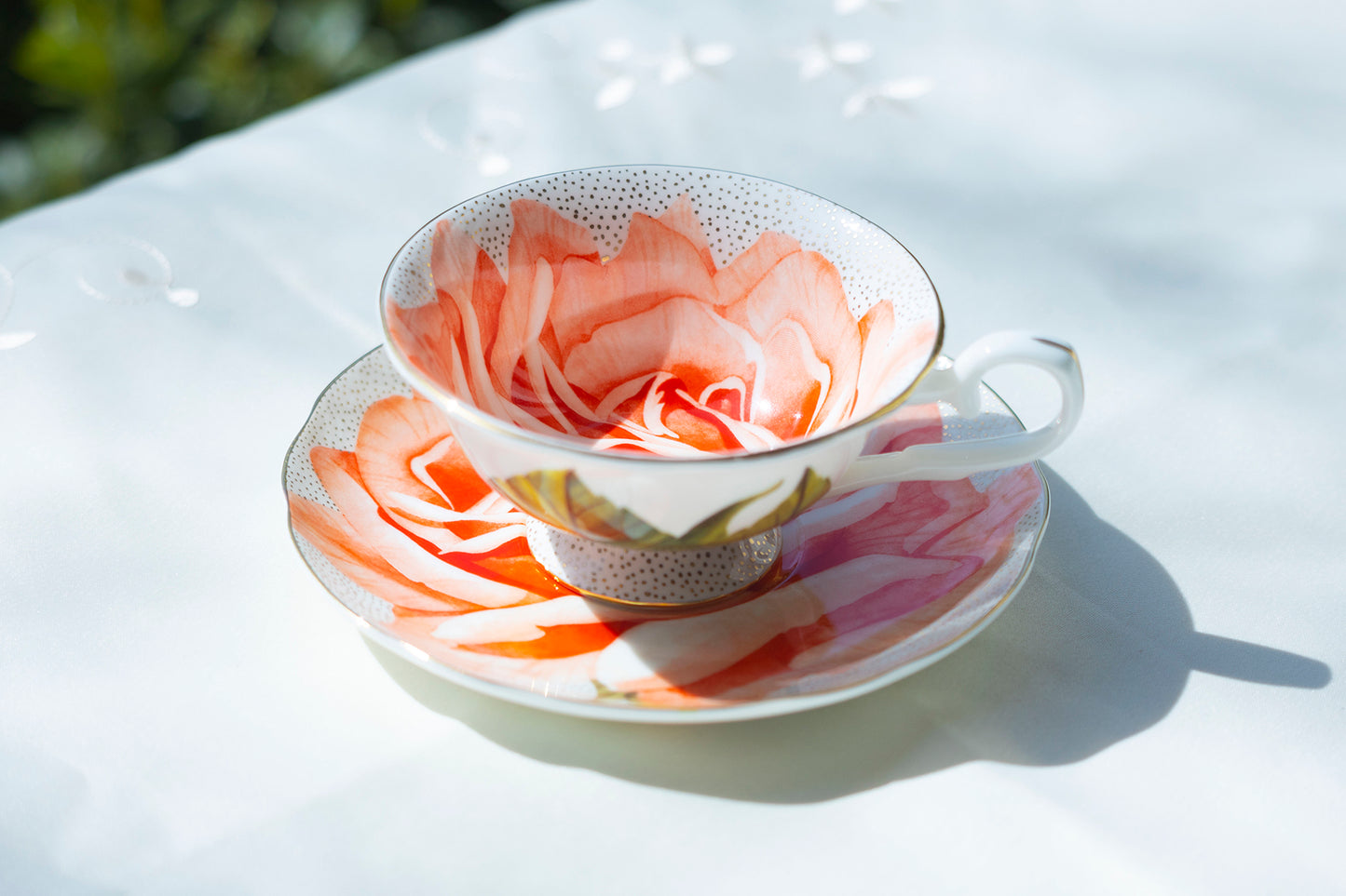 Orange Rose Gold Dots Bone China Tea Cup and Saucer