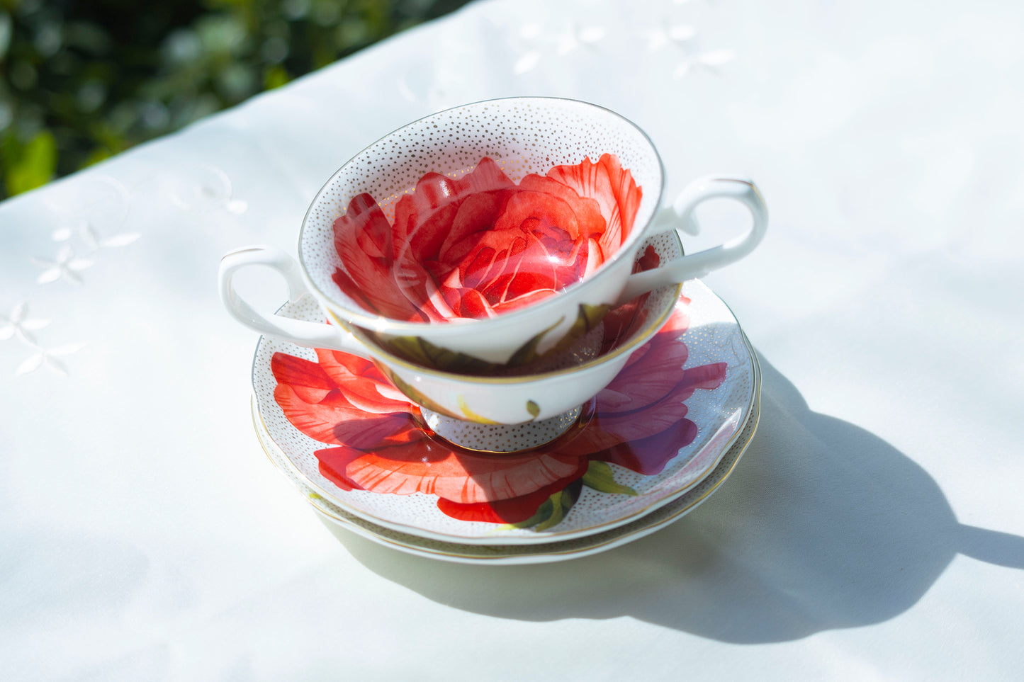 Red Rose Gold Dots Bone China Tea Cup and Saucer