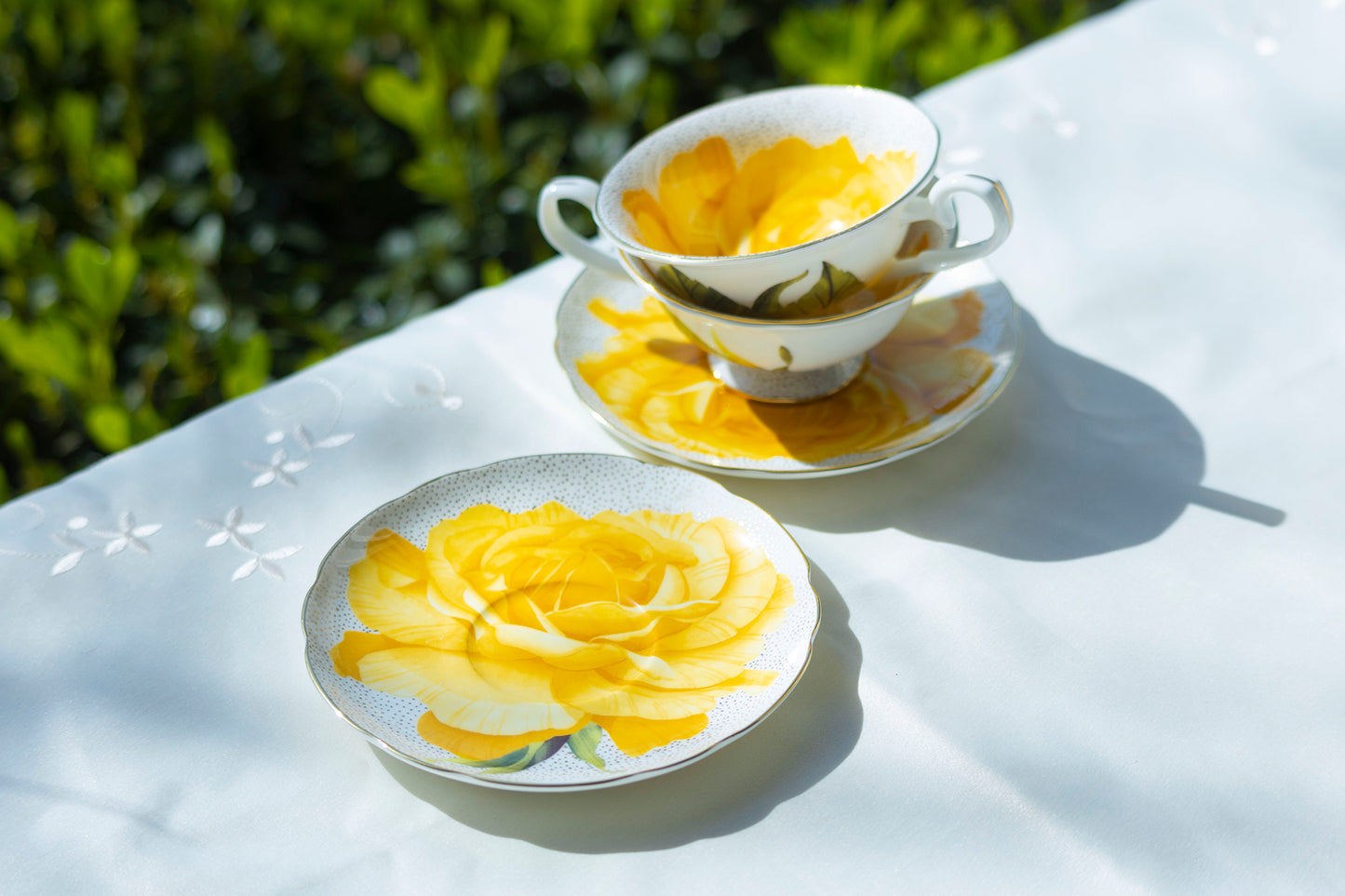 Yellow Rose Gold Dots Bone China Tea Cup and Saucer