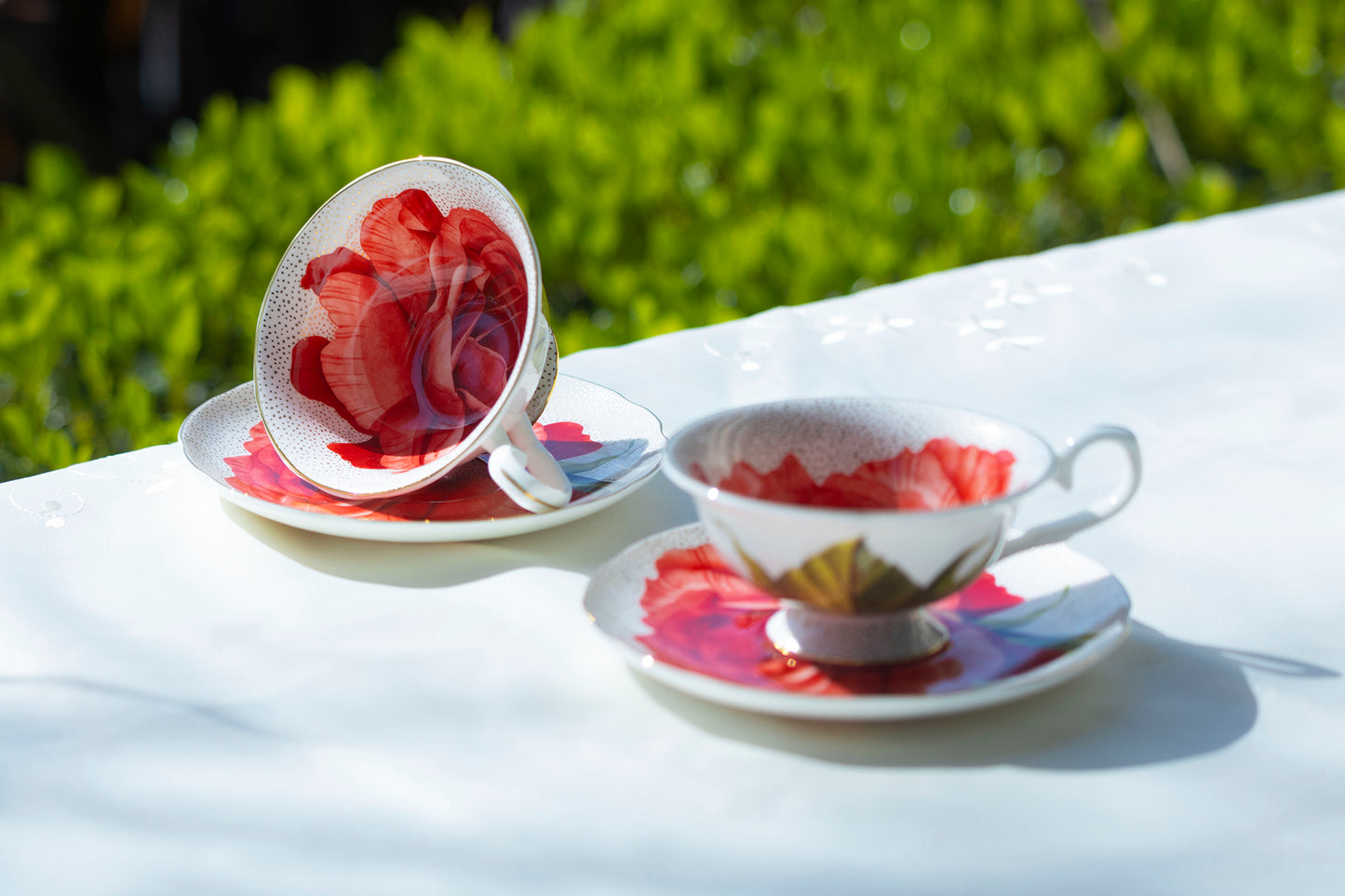 Red Rose Gold Dots Bone China Tea Cup and Saucer