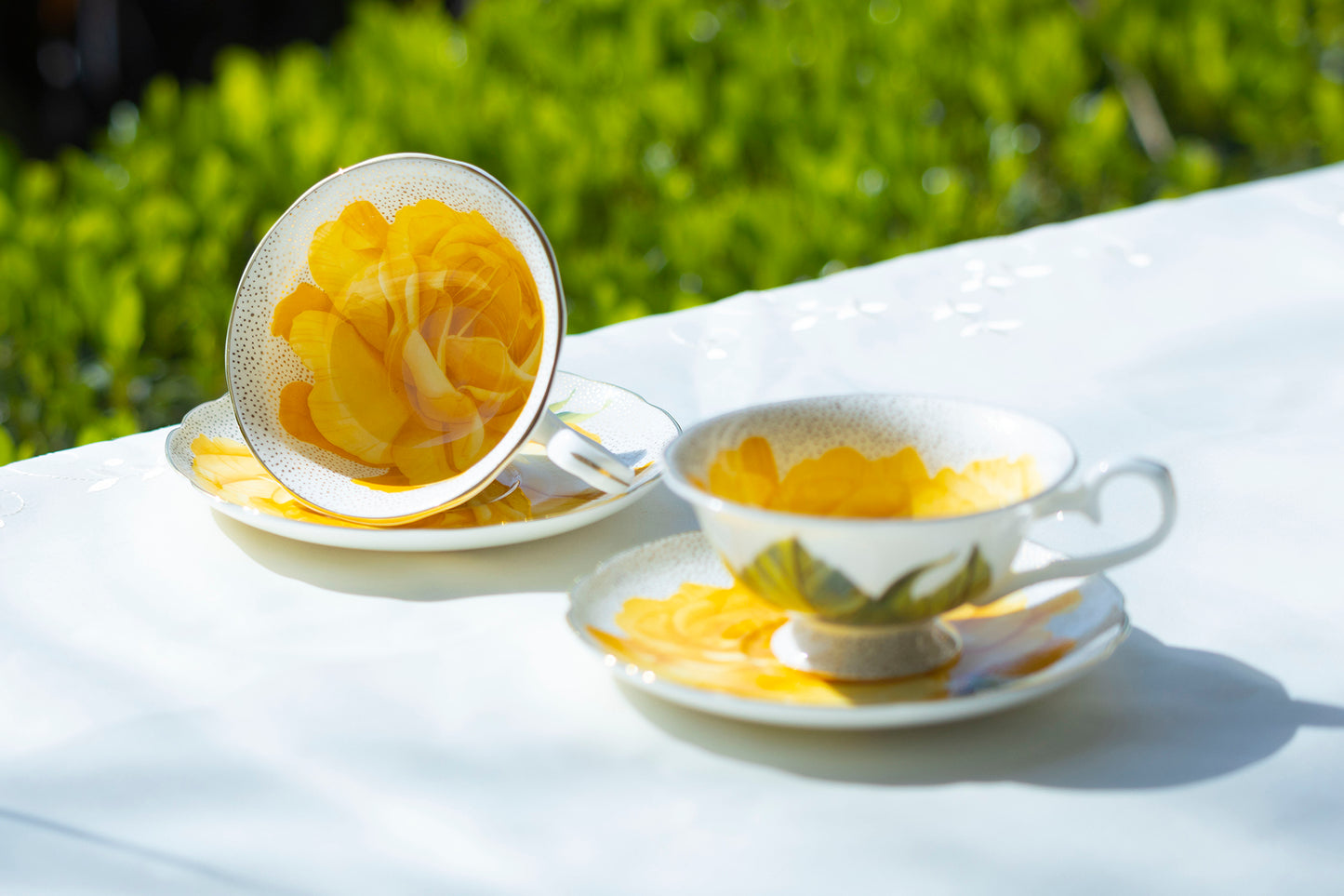 Yellow Rose Gold Dots Bone China Tea Cup and Saucer