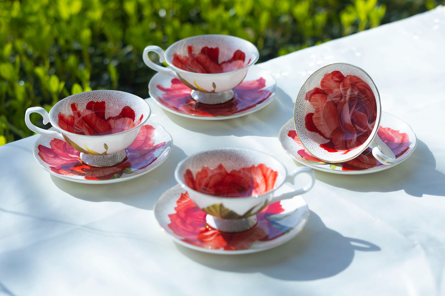 Red Rose Gold Dots Bone China Tea Cup and Saucer