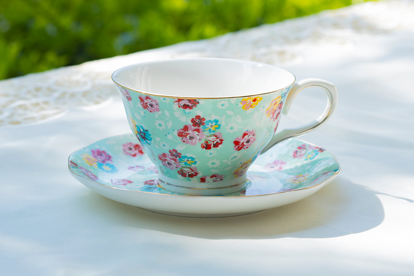Blue Shabby Rose Fine Porcelain Tea Cup and Saucer