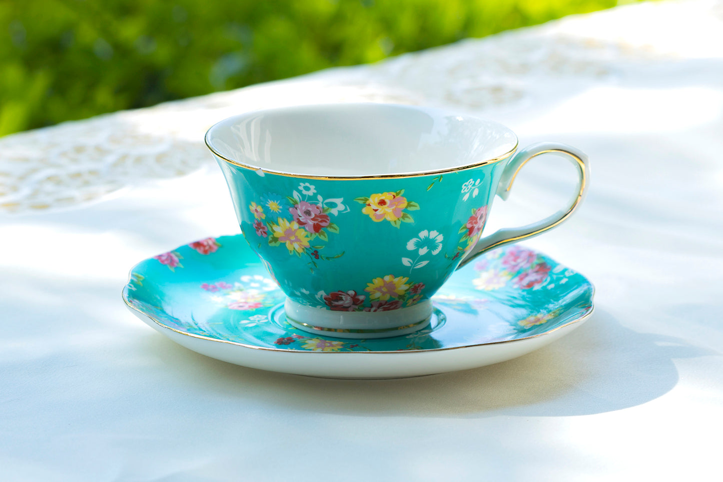 Turquoise Shabby Rose Fine Porcelain Tea Cup and Saucer