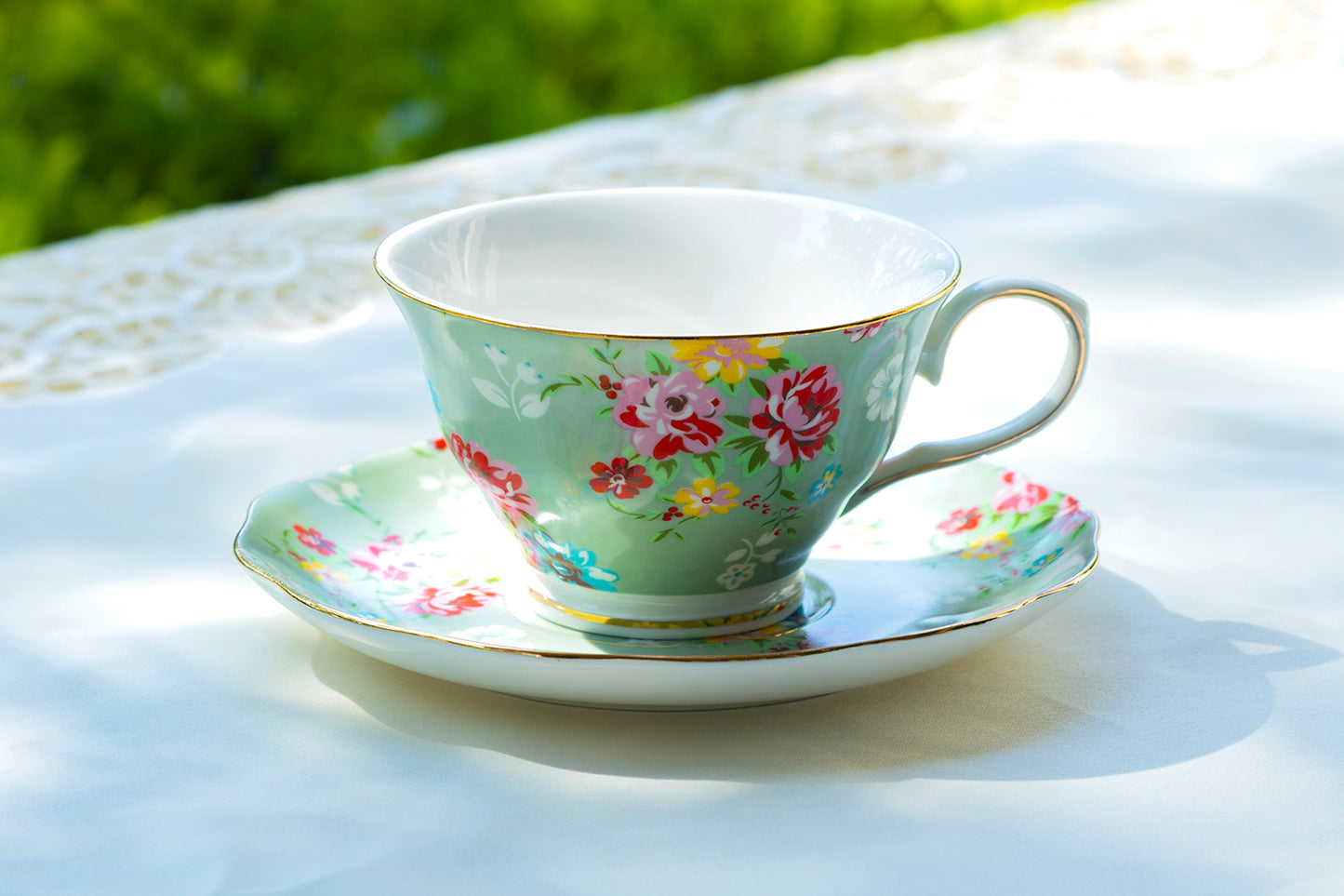 Green Shabby Rose Fine Porcelain Tea Cup and Saucer