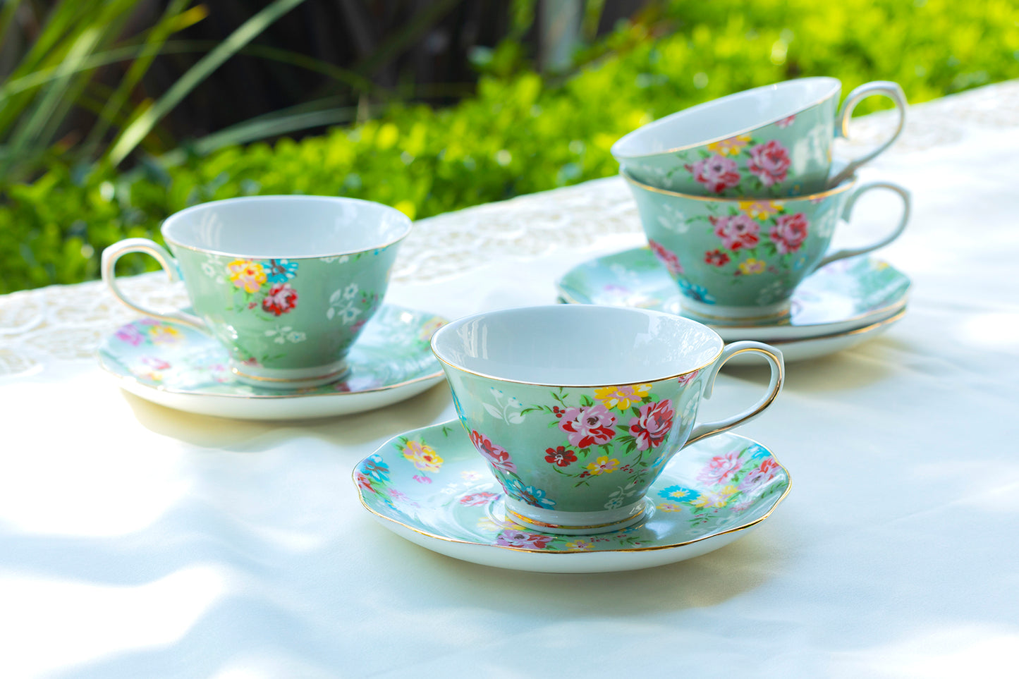 Green Shabby Rose Fine Porcelain Tea Cup and Saucer