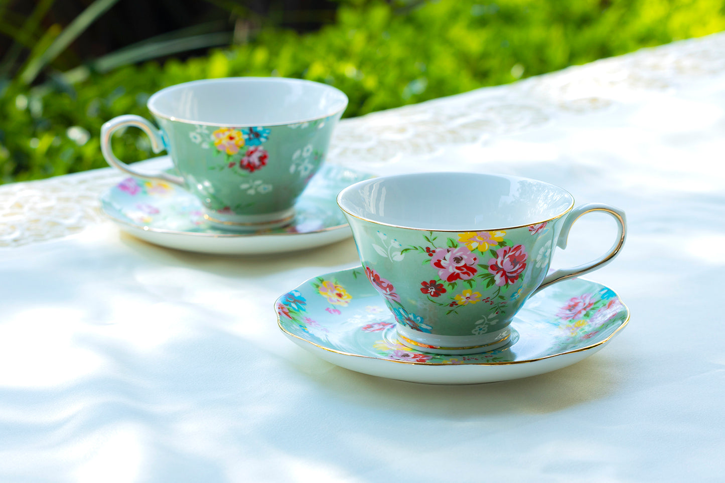 Green Shabby Rose Fine Porcelain Tea Cup and Saucer