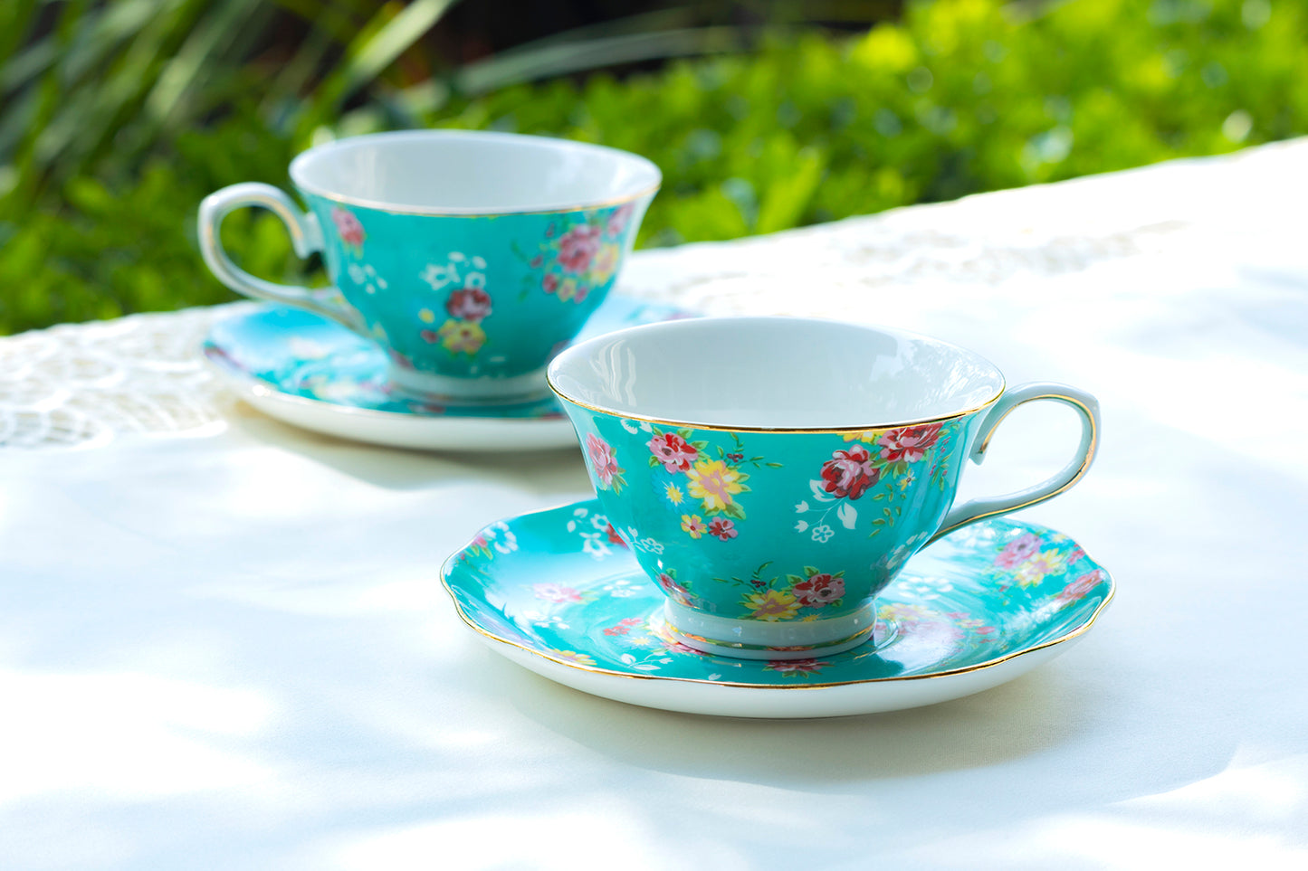 Turquoise Shabby Rose Fine Porcelain Tea Cup and Saucer
