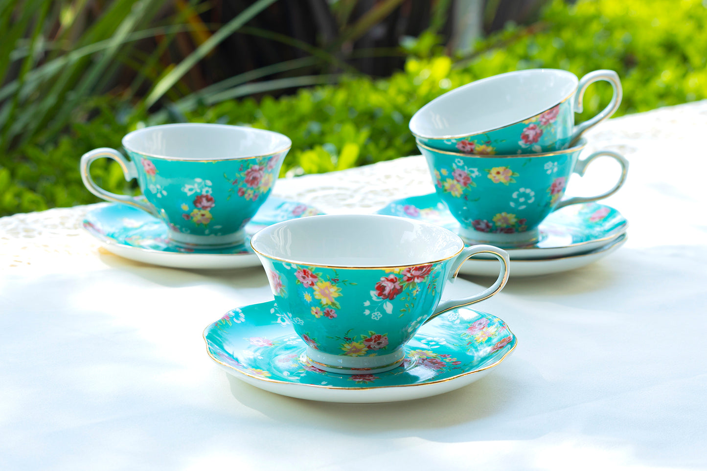 Turquoise Shabby Rose Fine Porcelain Tea Cup and Saucer