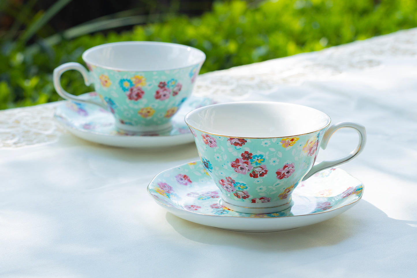 Blue Shabby Rose Fine Porcelain Tea Cup and Saucer
