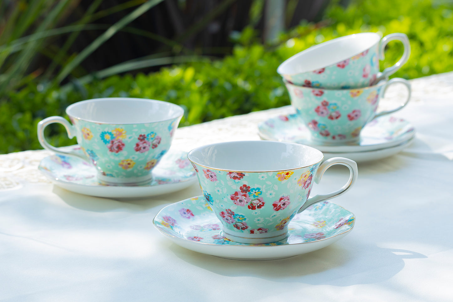 Blue Shabby Rose Fine Porcelain Tea Cup and Saucer