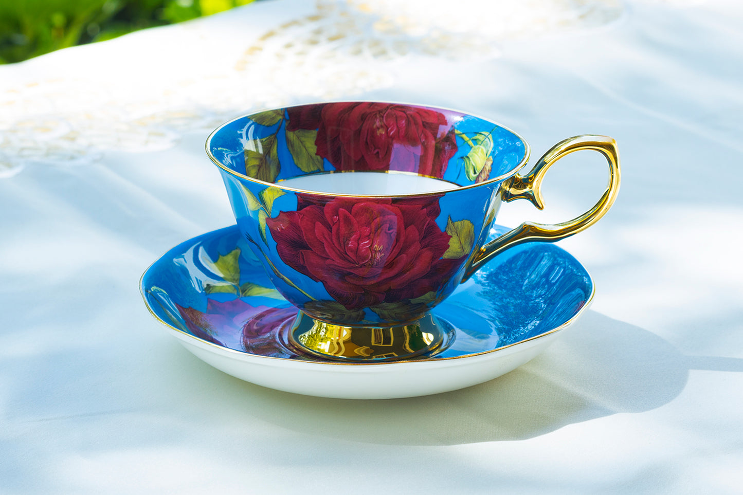 Gold Blue Stem Rose Bone China Tea Cup and Saucer