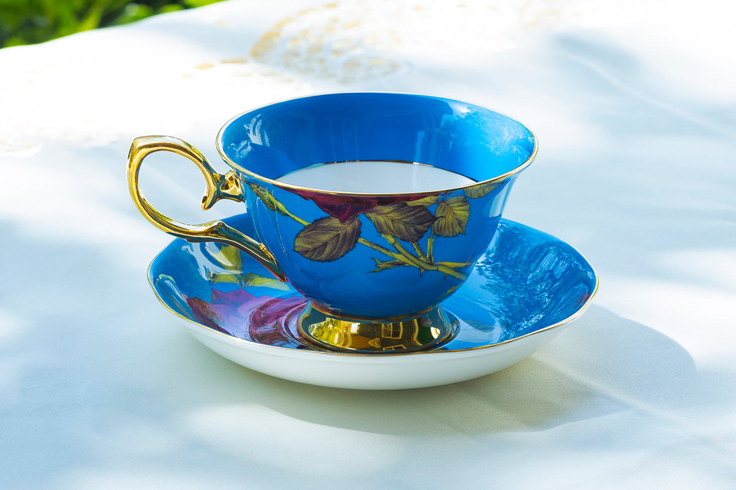 Gold Blue Stem Rose Bone China Tea Cup and Saucer