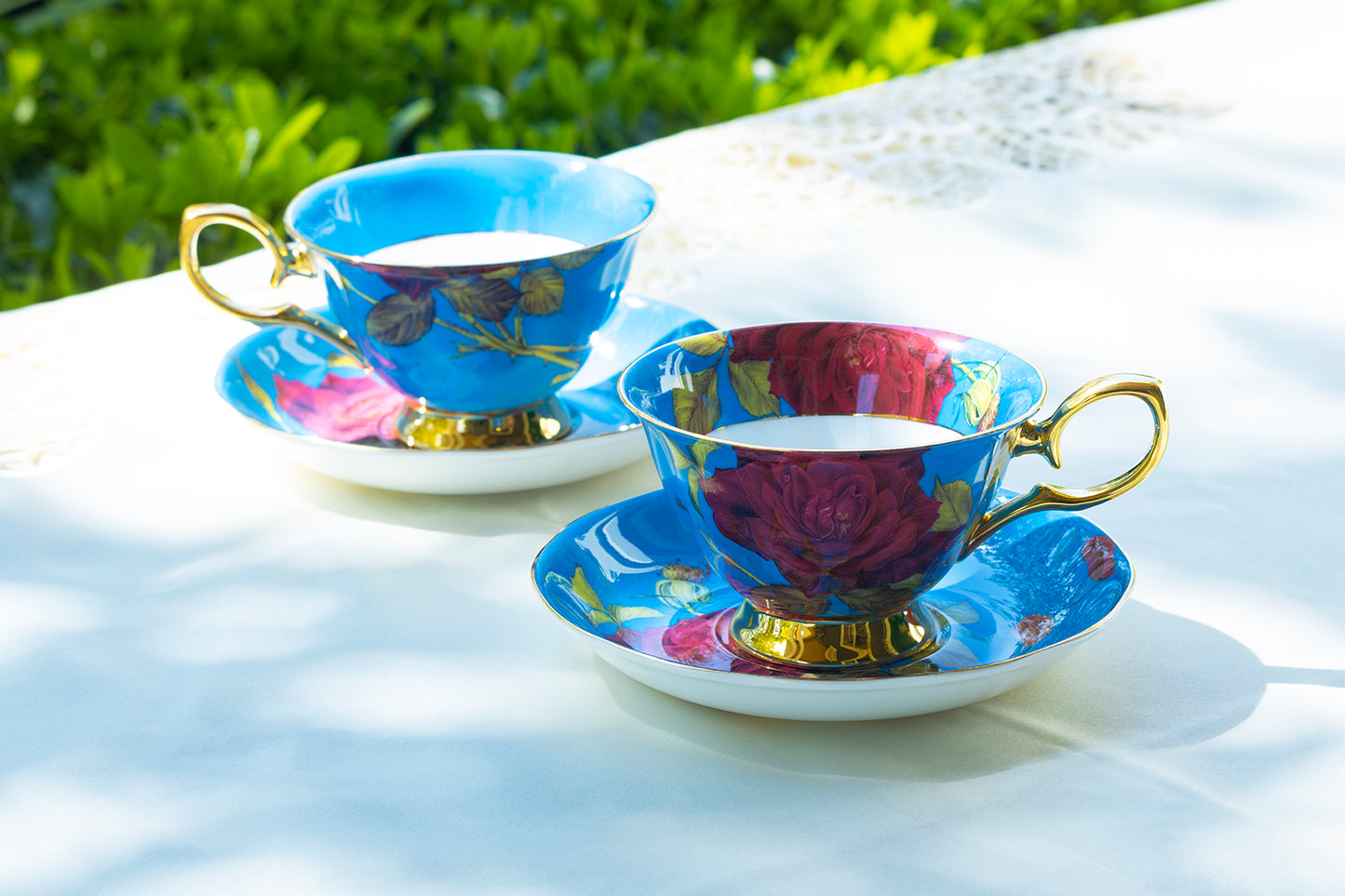 Gold Blue Stem Rose Bone China Tea Cup and Saucer