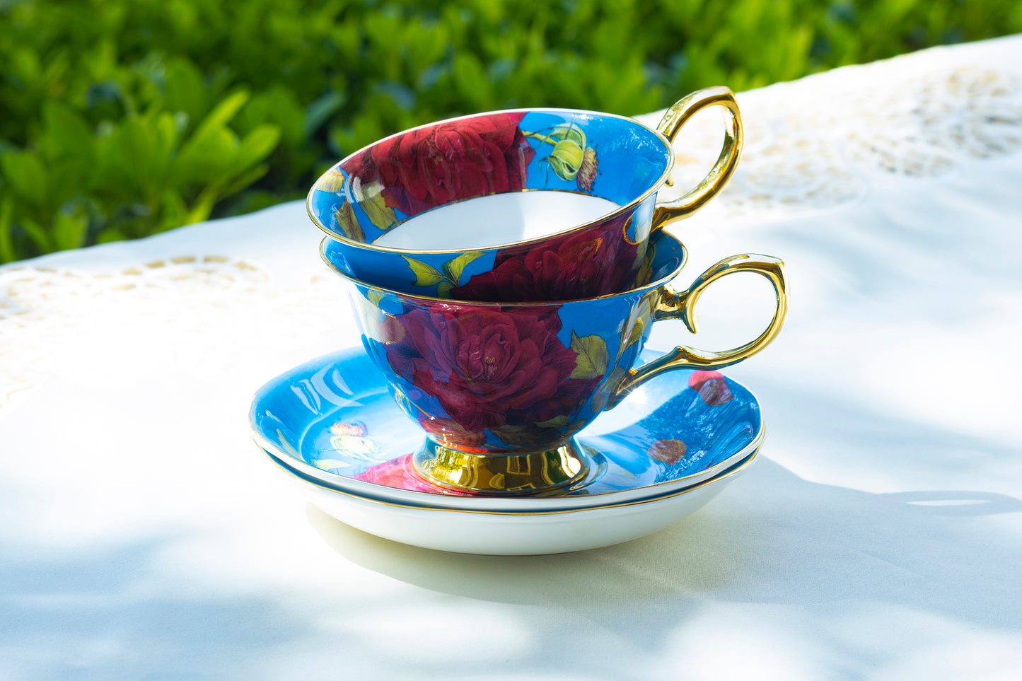 Gold Blue Stem Rose Bone China Tea Cup and Saucer