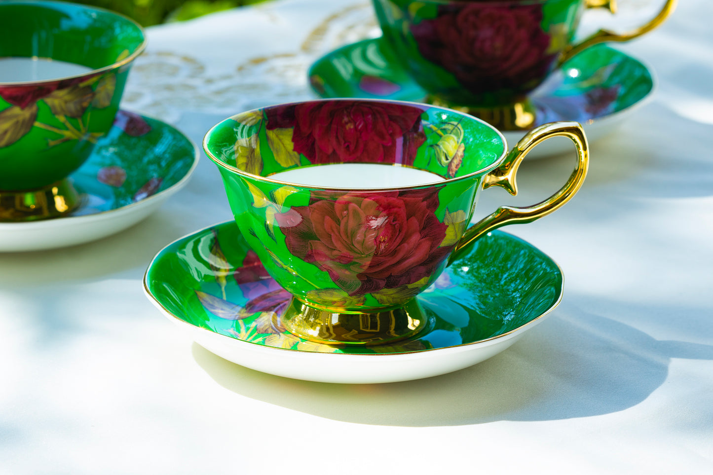 Gold Green Stem Rose Bone China Tea Cup and Saucer