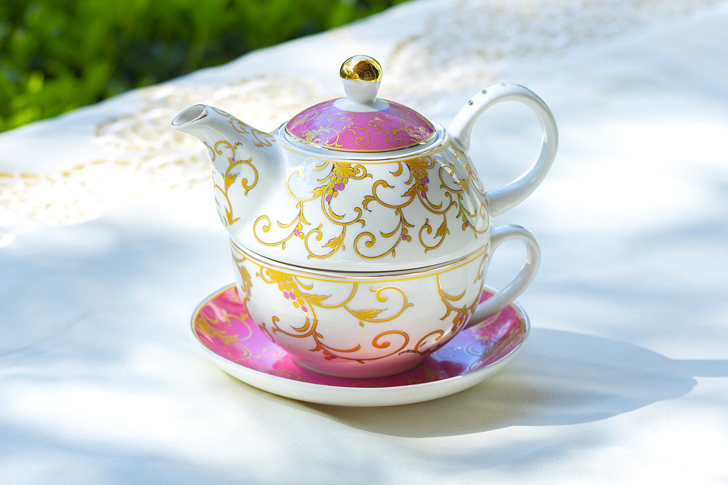 Pink Gold Scroll Fine Porcelain Tea For One Set
