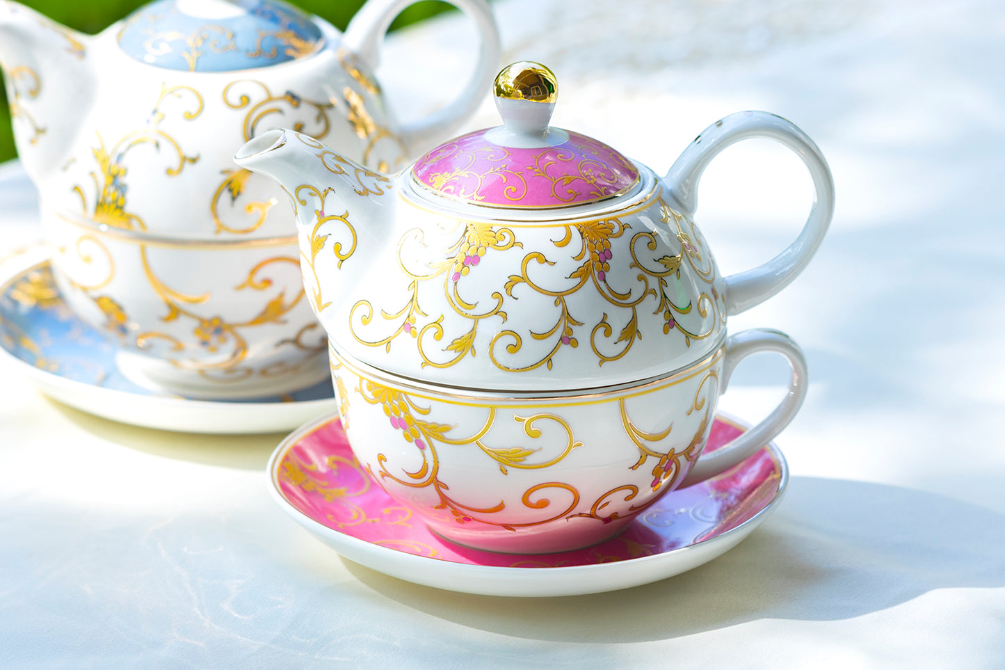 Pink Gold Scroll Fine Porcelain Tea For One Set