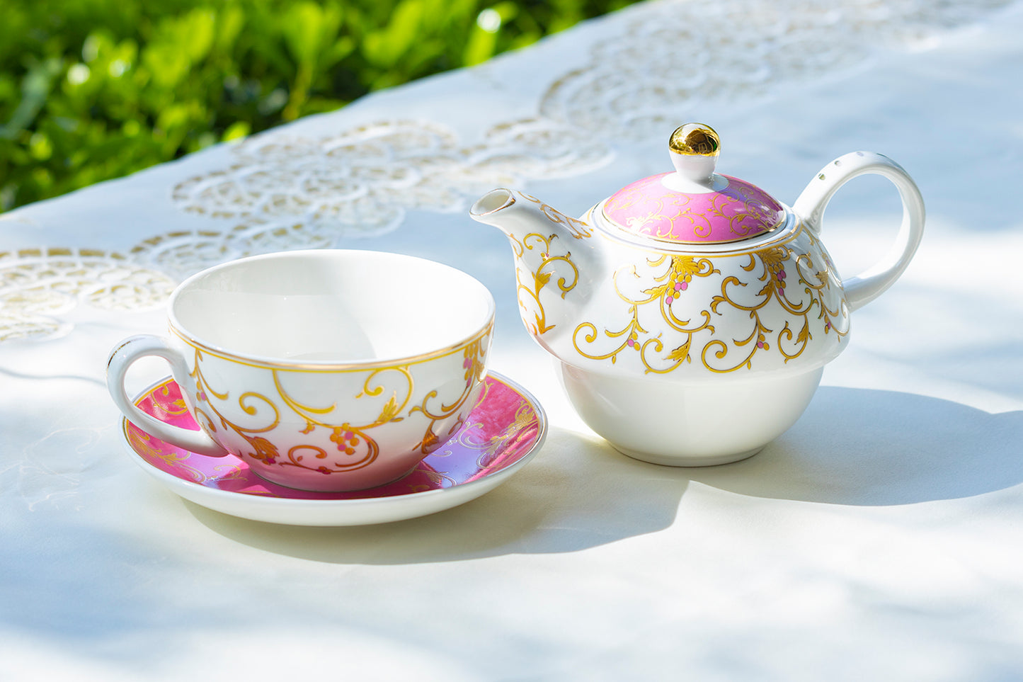 Pink Gold Scroll Fine Porcelain Tea For One Set