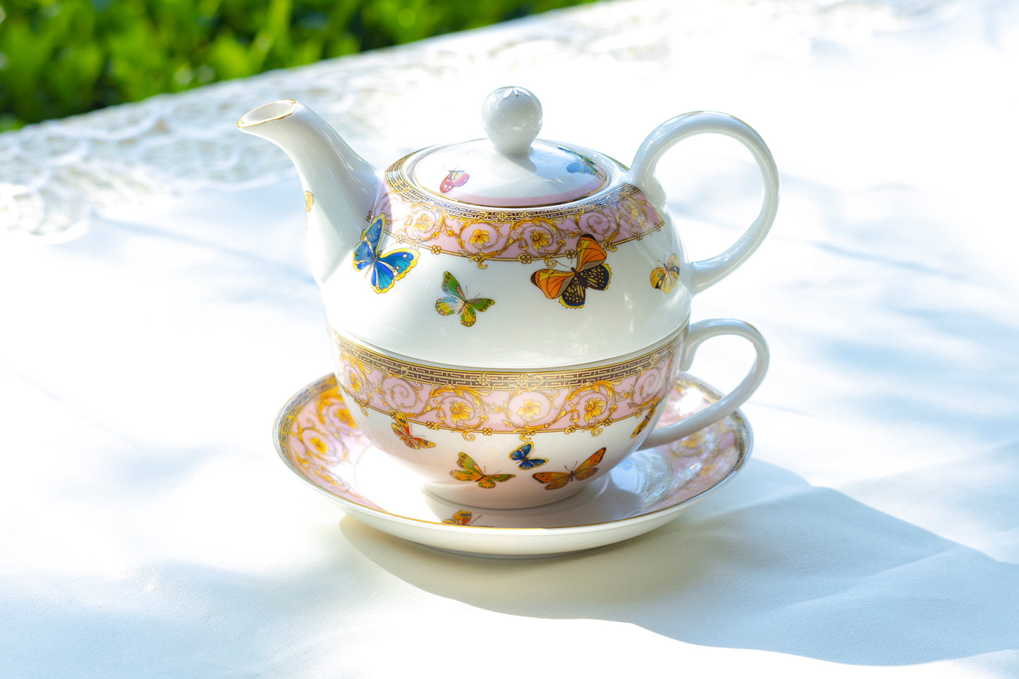 Butterflies with Pink Ornament Fine Porcelain Tea For One Set