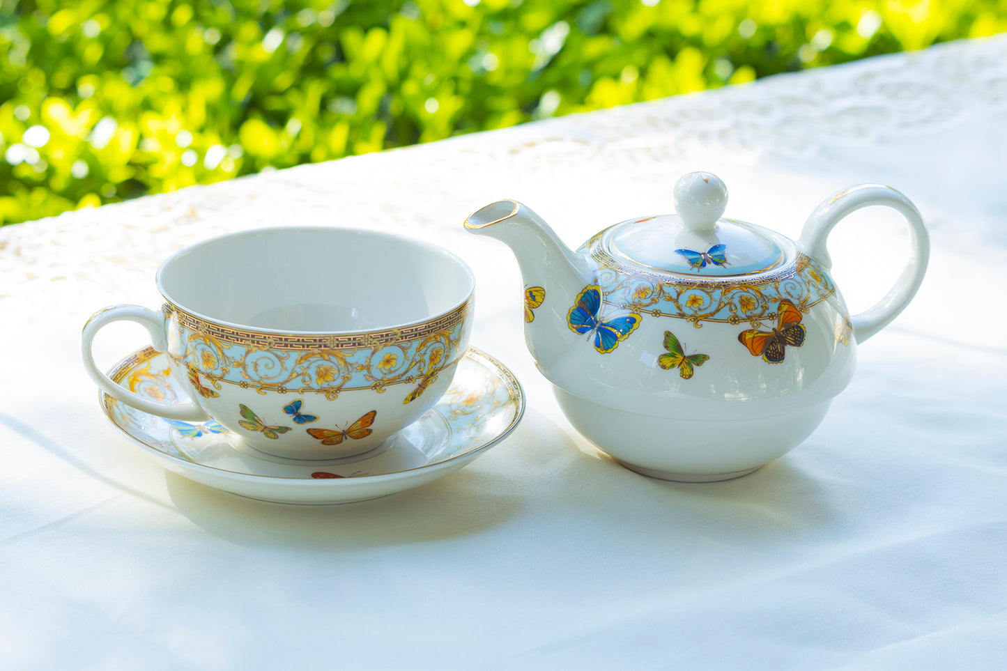 Butterflies with Blue Ornament Fine Porcelain Tea For One Set