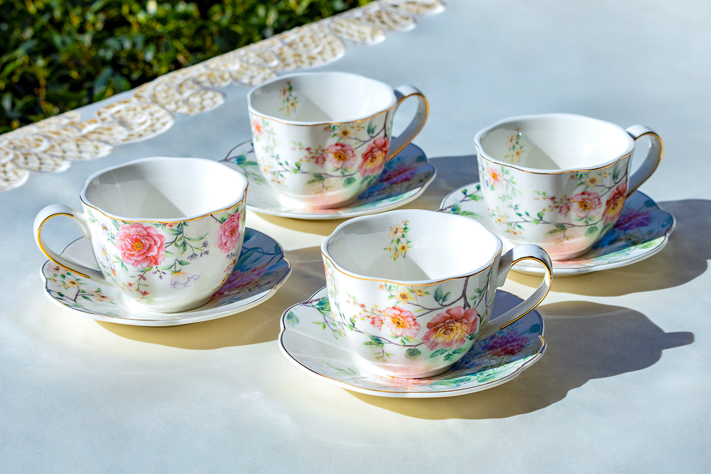 Grace Teaware Pink Camellia Fine Porcelain Tea Cup and Saucer Set of 4