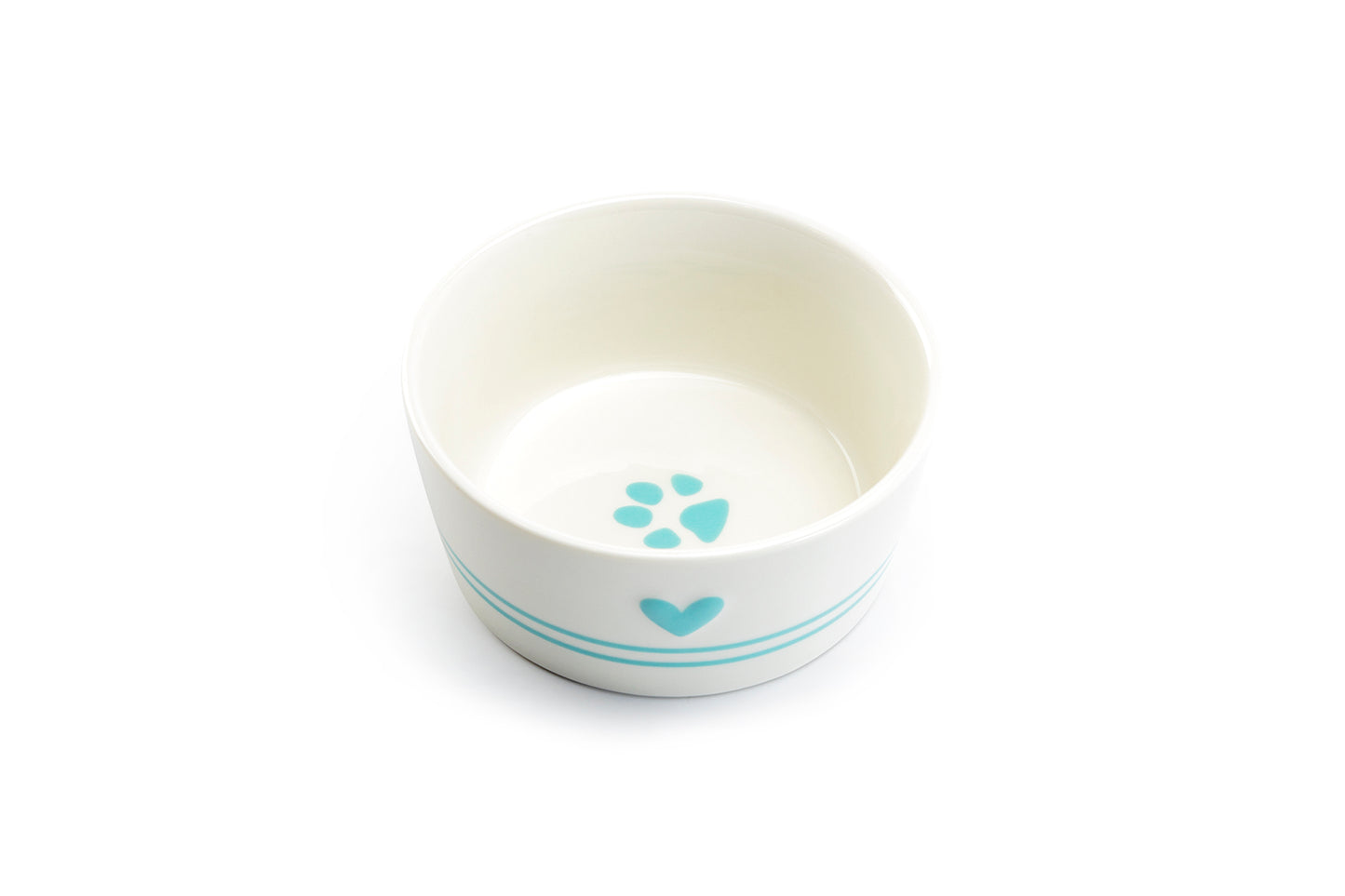Turquoise Raised Heart Ceramic Pet Bowl with Paw Print
