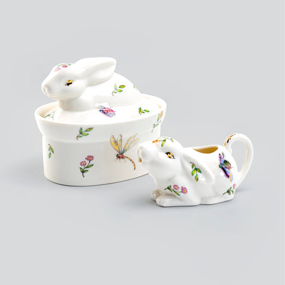 Grace Teaware Spring Flower Garden Bunny Figurine Fine Porcelain Sugar & Creamer Set
