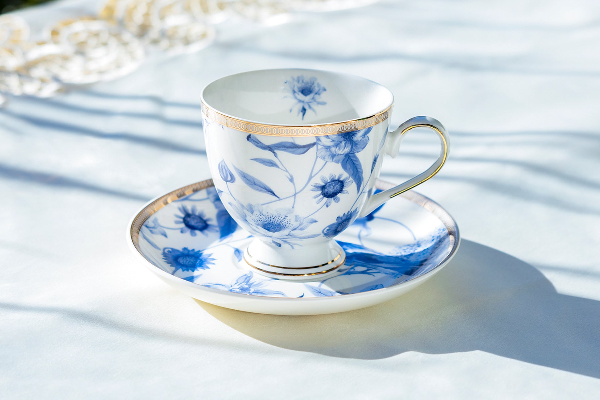 Grace Teaware Blue Flowers with Hummingbird Fine Porcelain Tea Cup and Saucer