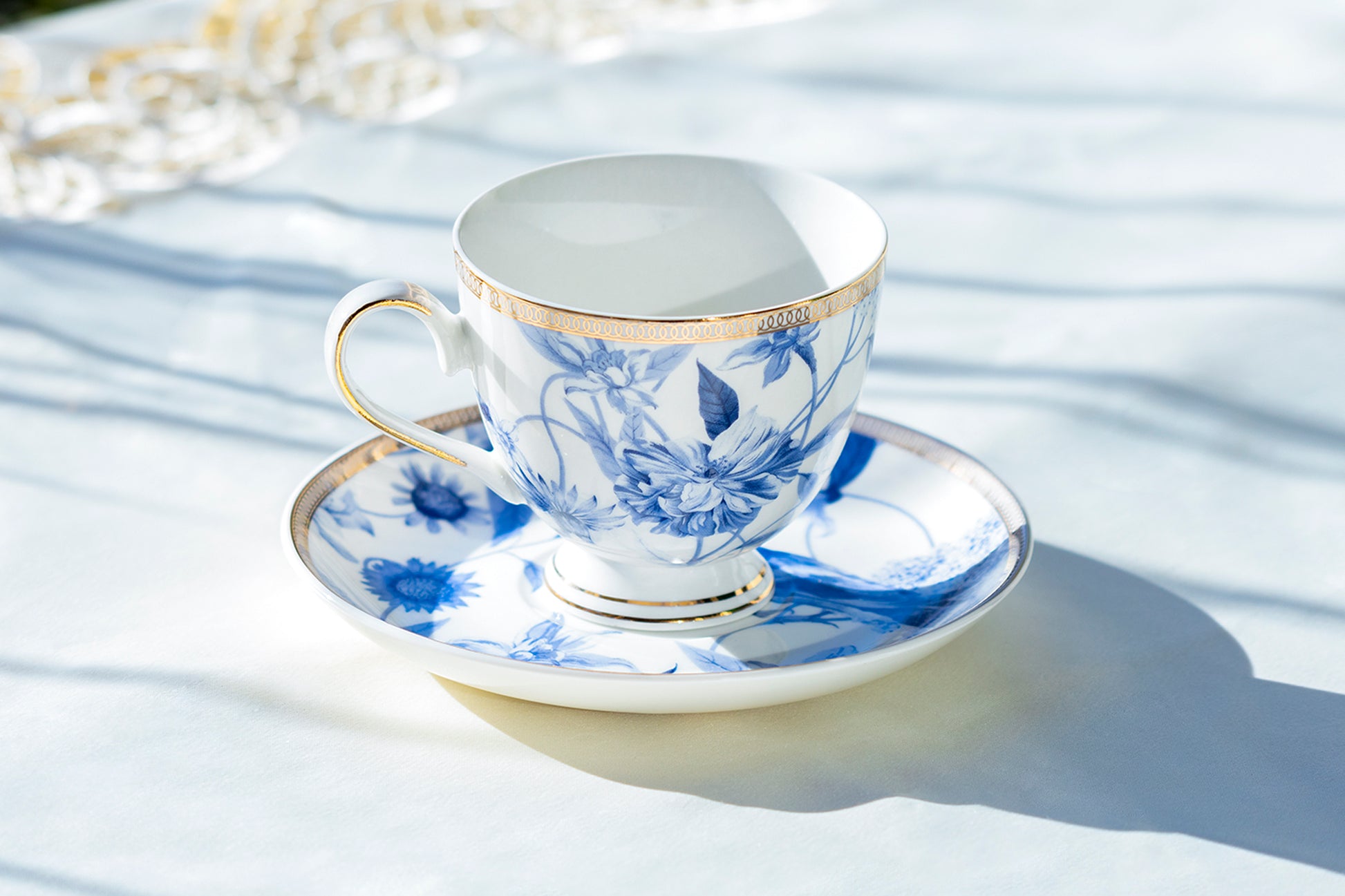 Grace Teaware Blue Spring Flowers with Hummingbird Porcelain Tea Cup and Saucer
