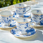 Blue Flowers with Hummingbird Fine Porcelain Tea Cup and Saucer Set of 4 Grace Teaware