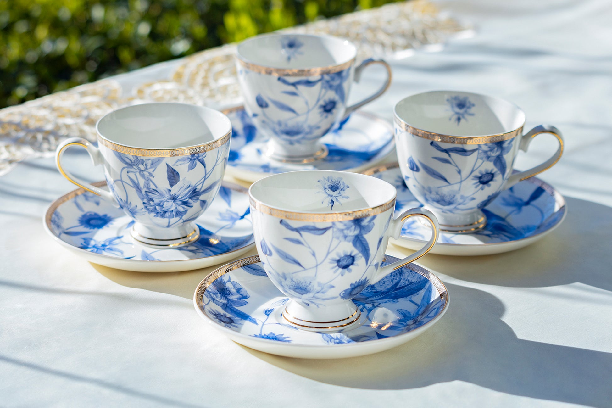 Blue Flowers with Hummingbird Fine Porcelain Tea Cup and Saucer Set of 4 Grace Teaware