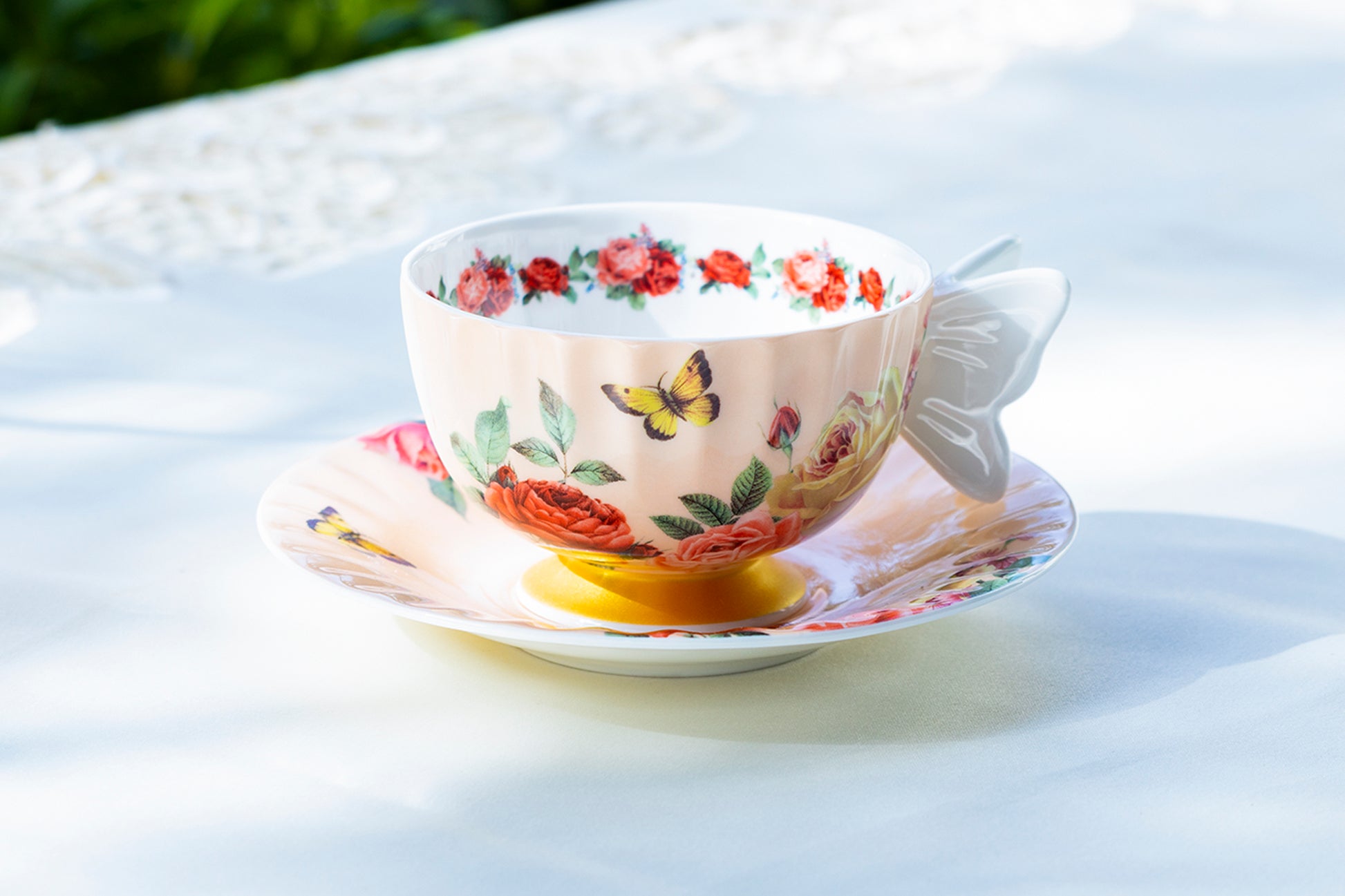 Gracie Bone China Rose Butterfly Tea Cup and Saucer