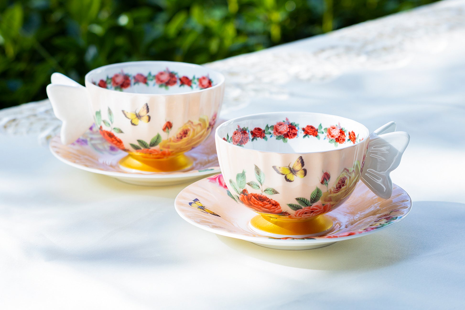 Rose Butterfly Bone China Tea Cup and Saucer with butterfly handle