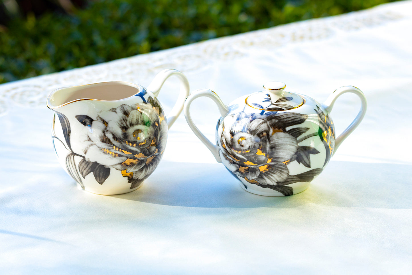 Grace Teaware Black Gold Peony Fine Porcelain Sugar and Creamer Set