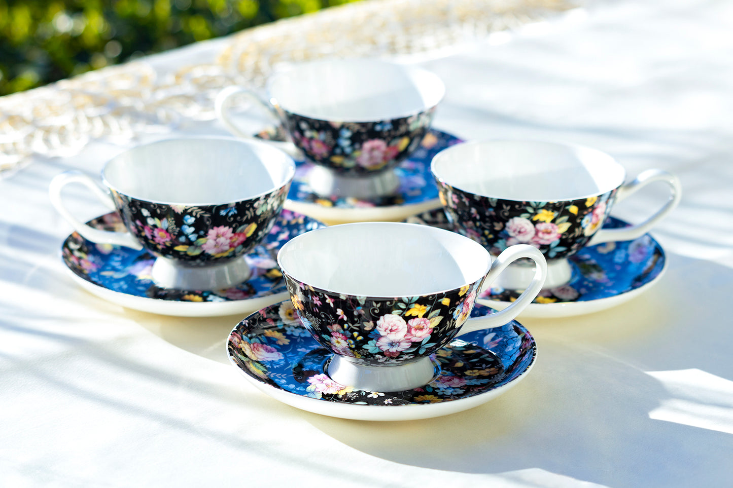 Stechol Gracie Bone China Victorian Petite Rose Black Bone China Cup and Saucer Set of 4
