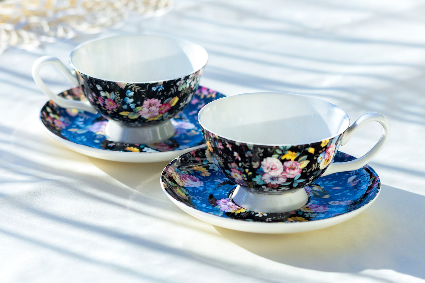 Stechol Gracie Bone China Victorian Petite Rose Black Bone China Cup and Saucer Set of 2