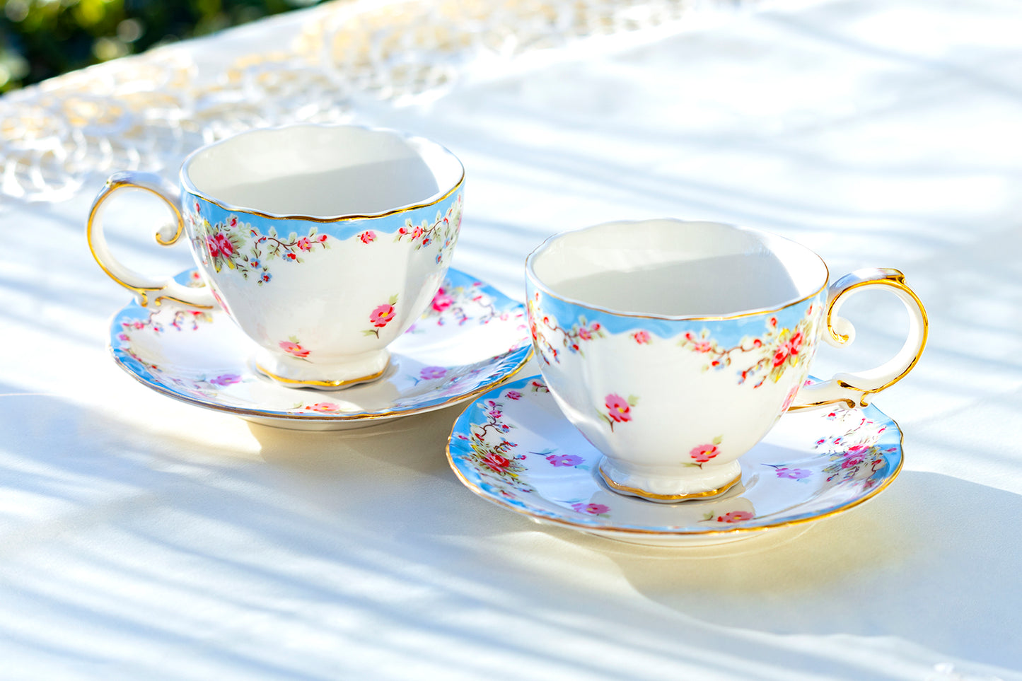 Grace Teaware Rose with Blue Accent Fine Porcelain Tea Cup and Saucer