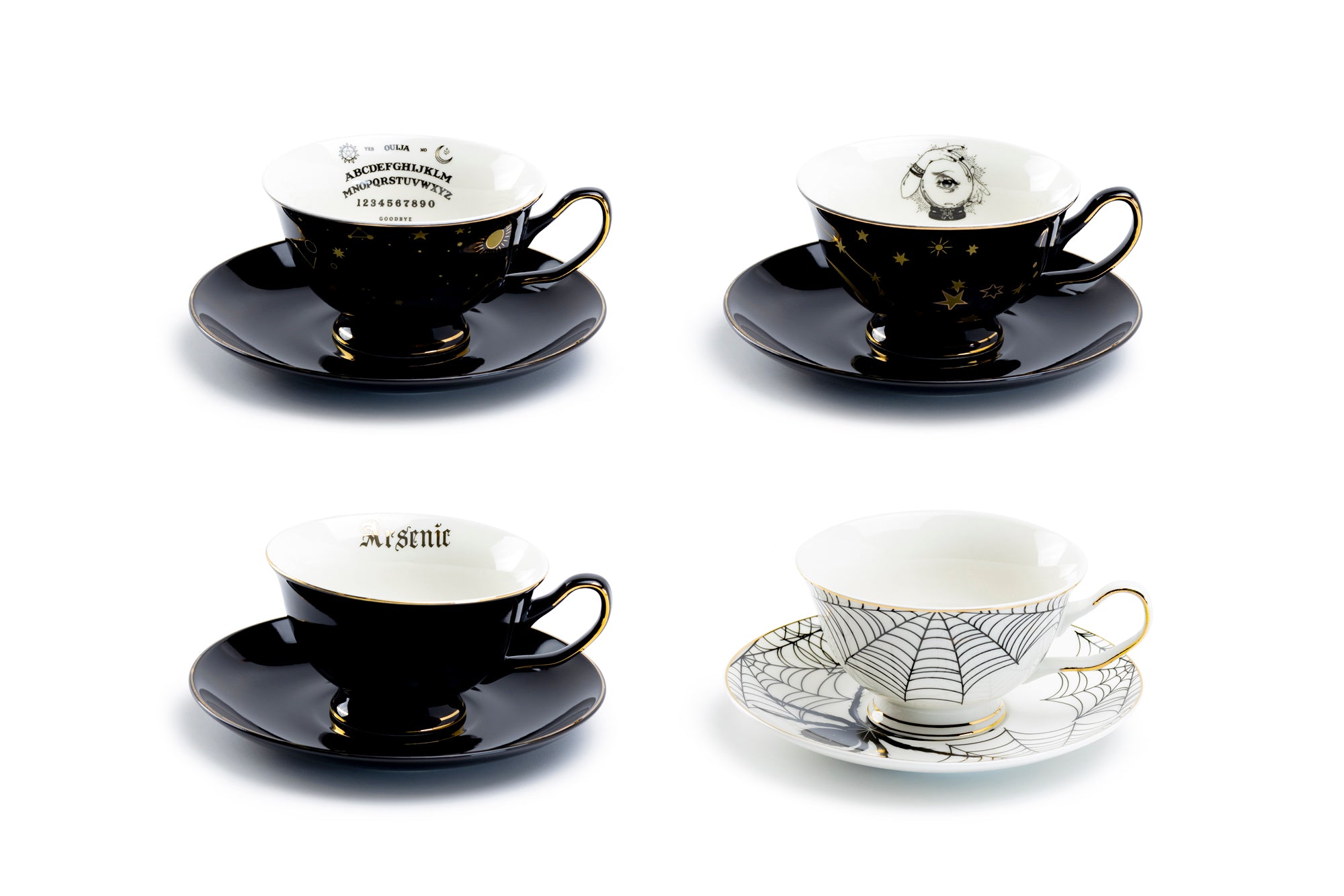 4 Assorted Halloween Tea Cup and Saucer Sets - Ouija, Crystal Ball, Skull,  Spider