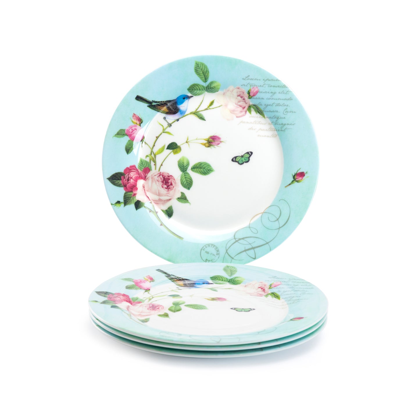 Stechcol Gracie Bone China Blue Jay Pink Rose Dessert Plate Set of 4