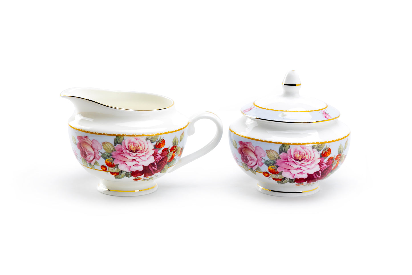 Stechcol Gracie Bone China Peony and Strawberry Bone China Sugar Bowl and Creamer