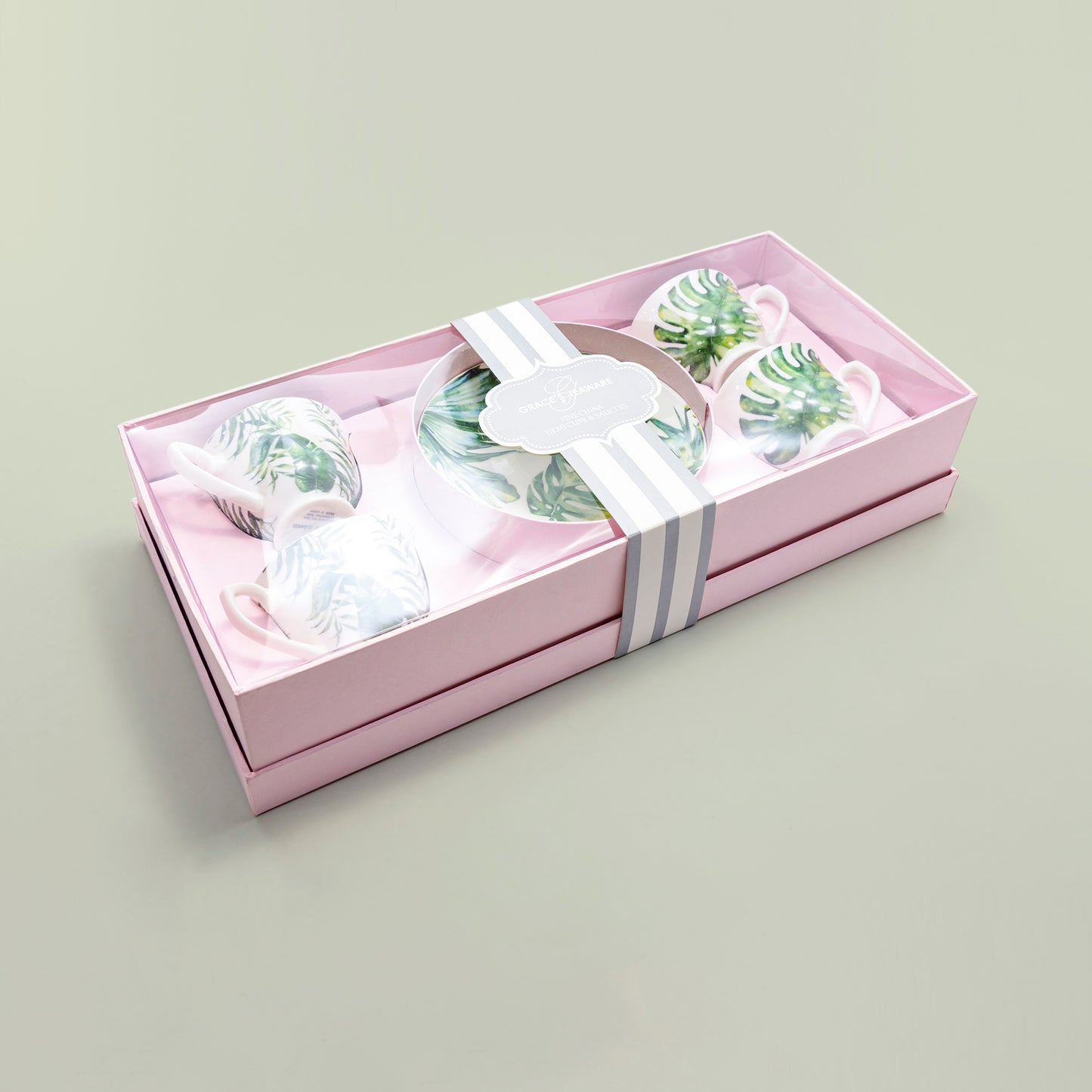 Tropical Leaves 2oz Espresso Cups and Saucers with Gift Box